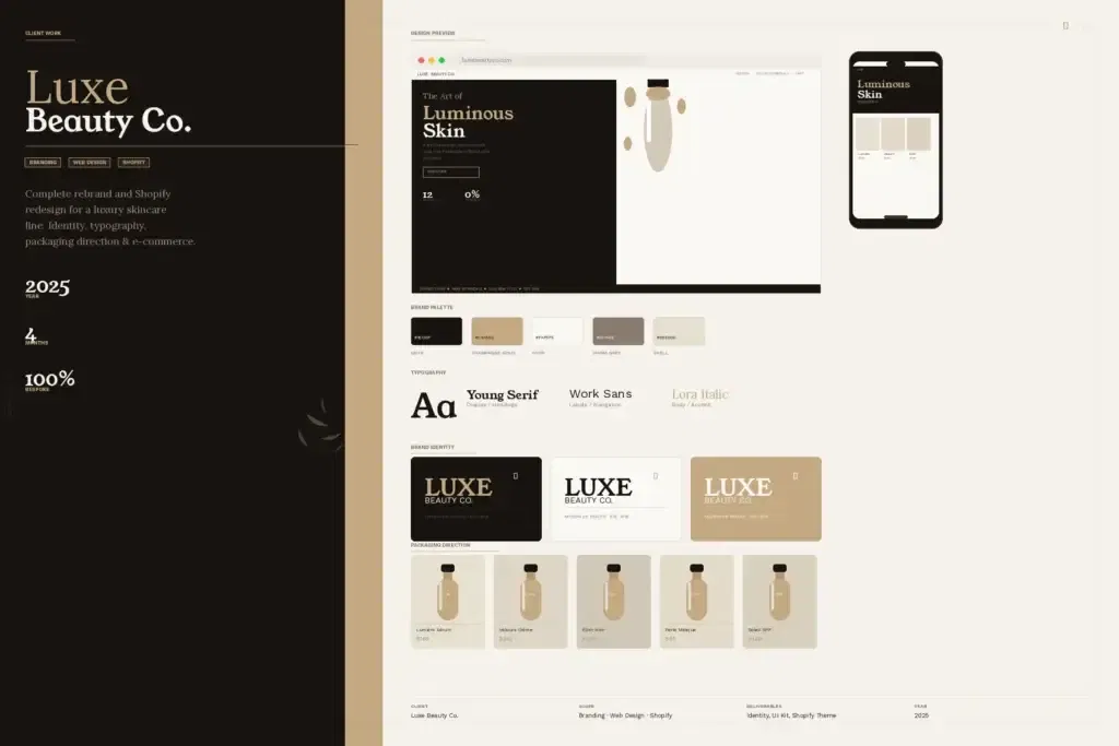 Luxe Beauty Co. brand identity case study — premium packaging and visual system by Smart Brand Ideas